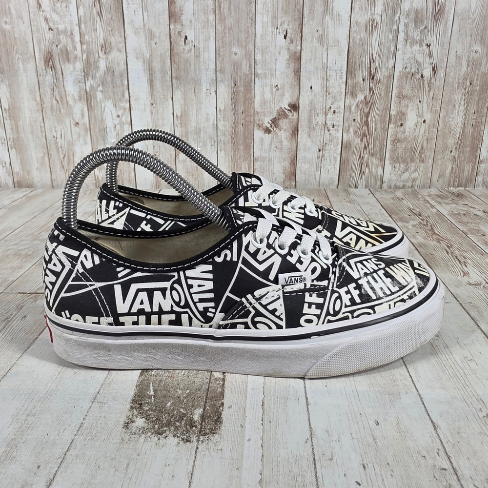Vans Authentic Off The Wall Logo Print Black White Sneakers Womens 7.5 Mens 6.0